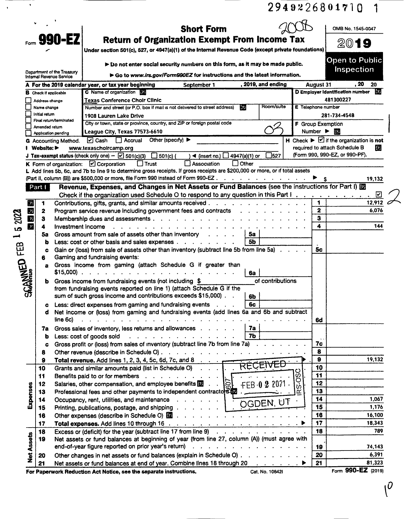 Image of first page of 2019 Form 990EZ for Texas Conference Choir Clinic