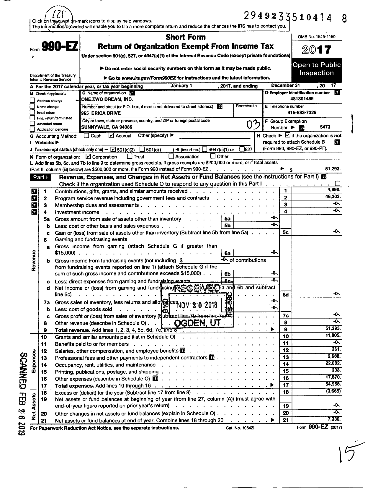 Image of first page of 2017 Form 990EZ for One Two Dream