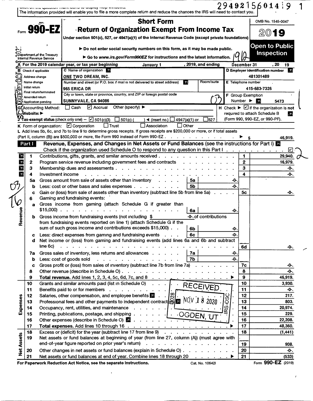 Image of first page of 2019 Form 990EZ for One Two Dream