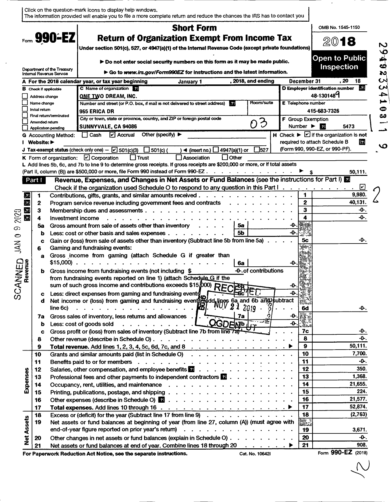 Image of first page of 2018 Form 990EZ for One Two Dream