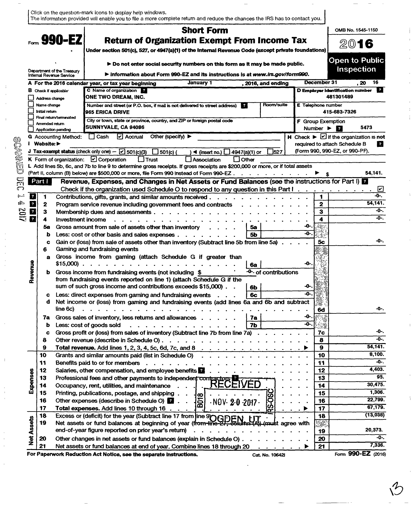 Image of first page of 2016 Form 990EZ for One Two Dream