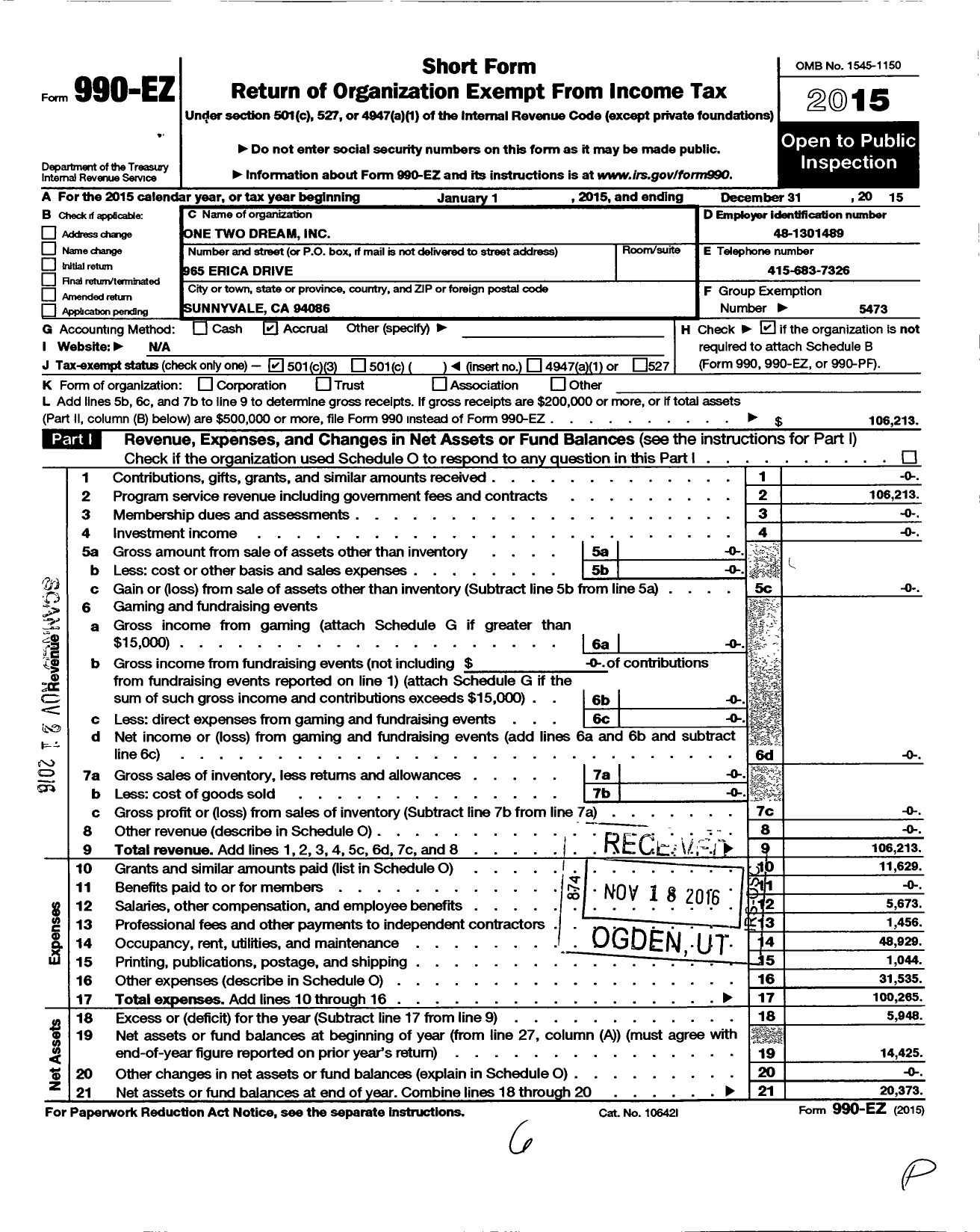 Image of first page of 2015 Form 990EZ for One Two Dream