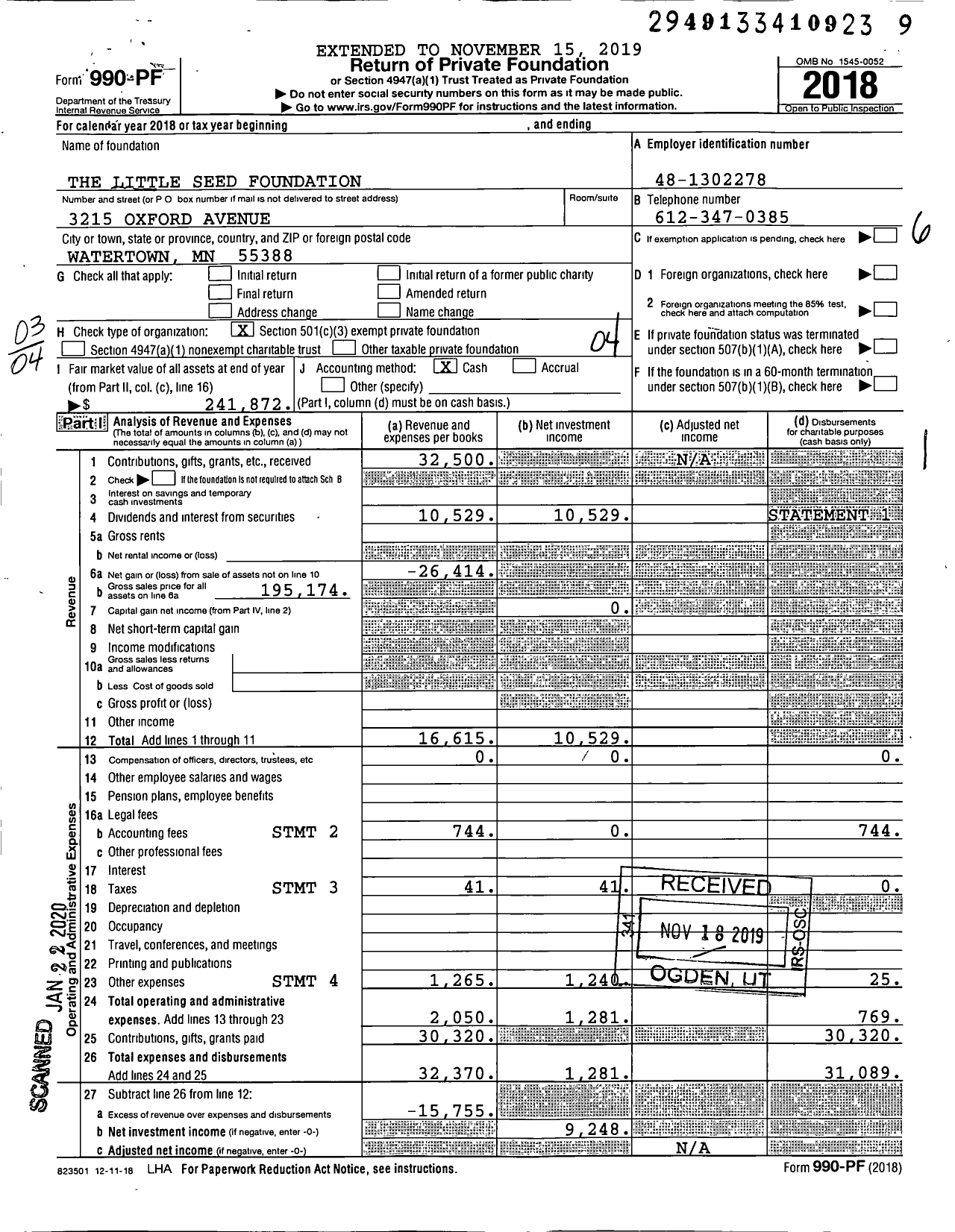 Image of first page of 2018 Form 990PF for The Little Seed Foundation