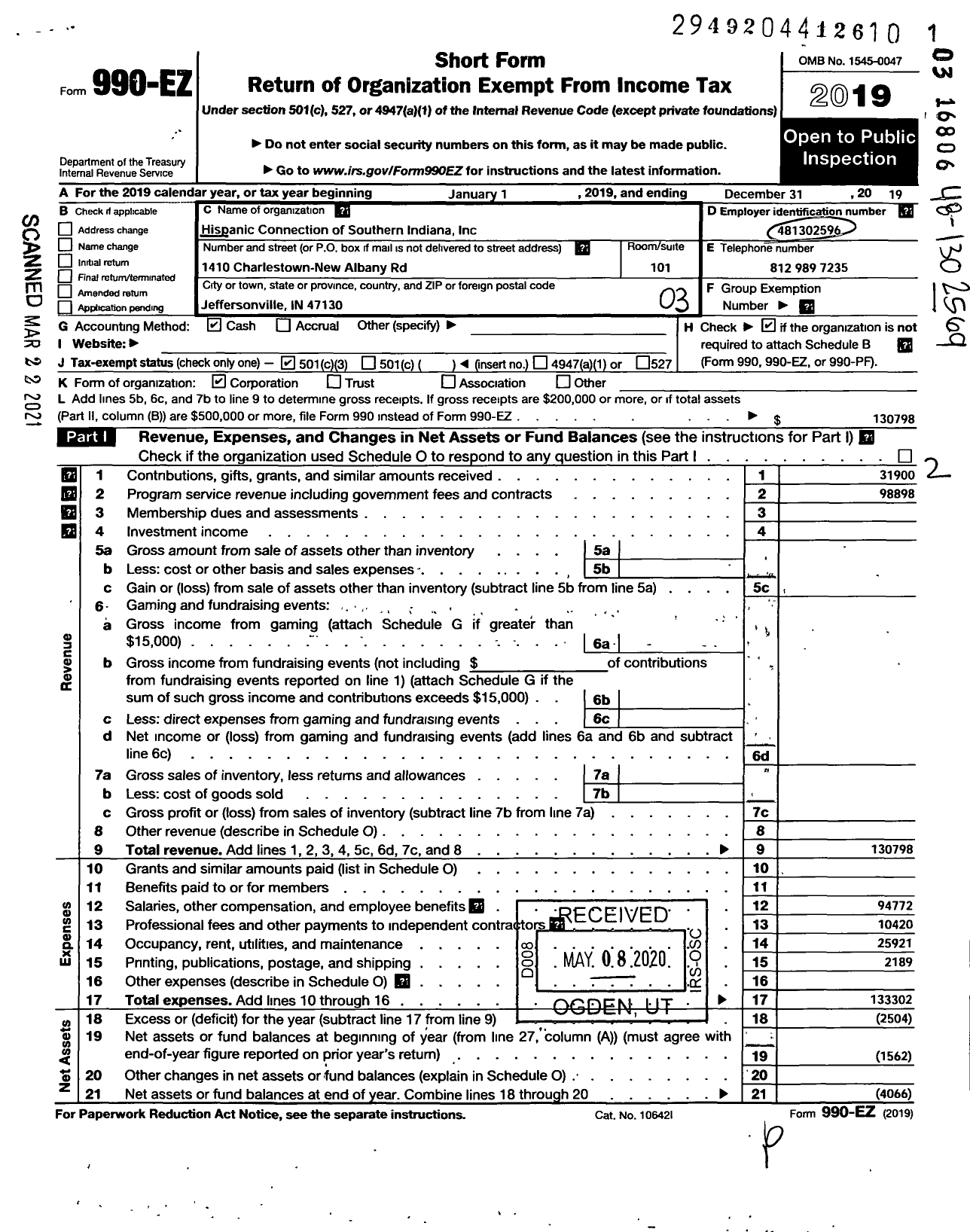 Image of first page of 2019 Form 990EZ for Hispanic Connection of Southern Indiana