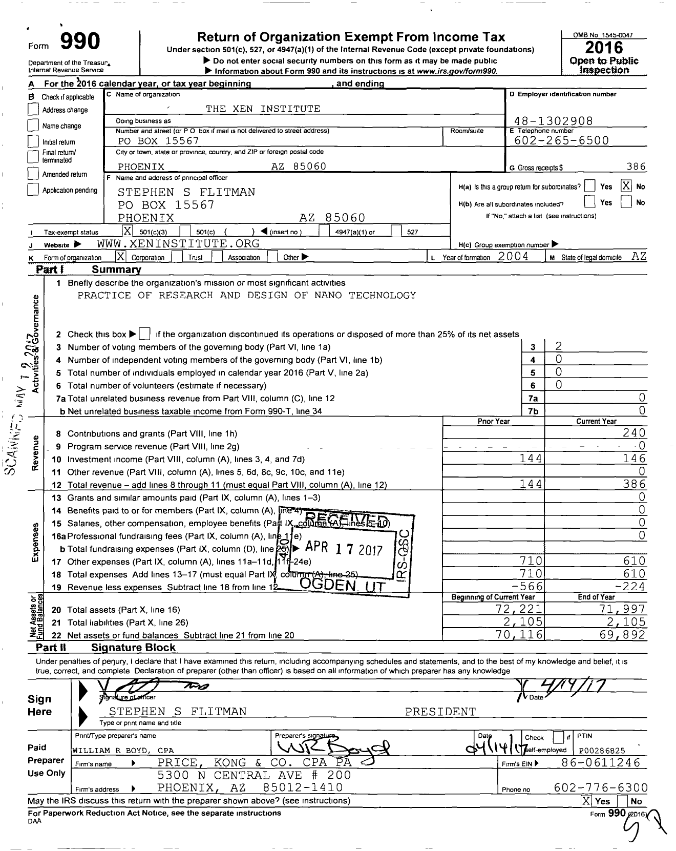 Image of first page of 2016 Form 990 for The Xen Institute