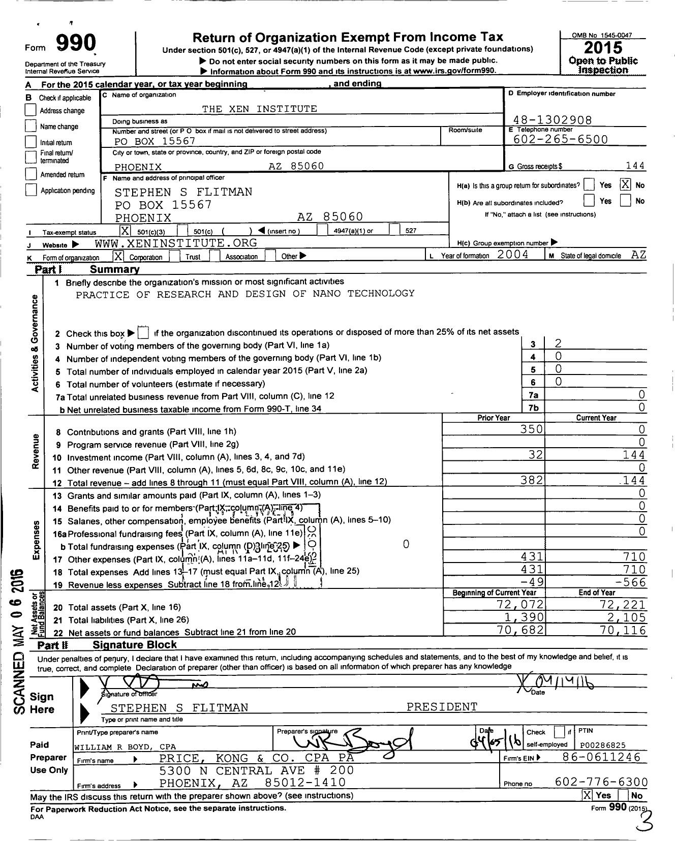 Image of first page of 2015 Form 990 for The Xen Institute