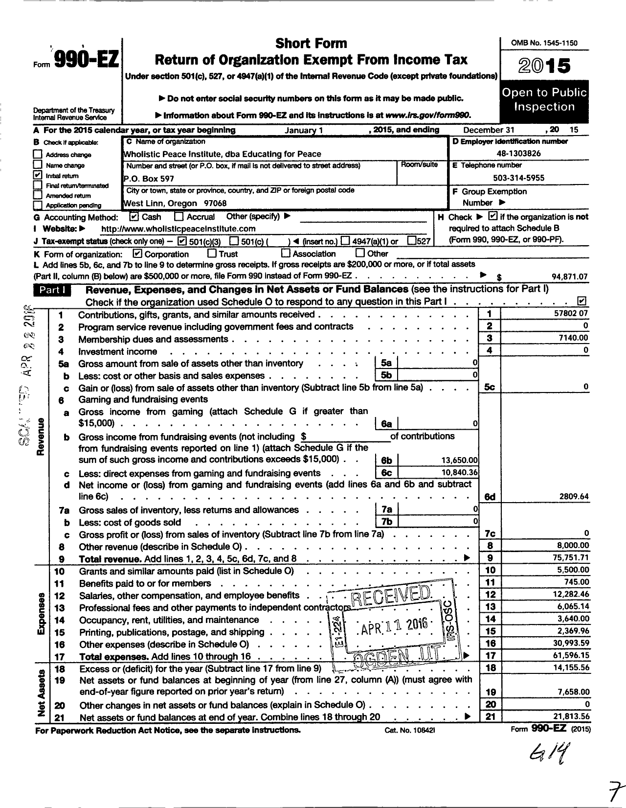 Image of first page of 2015 Form 990EZ for Wholistic Peace Institute