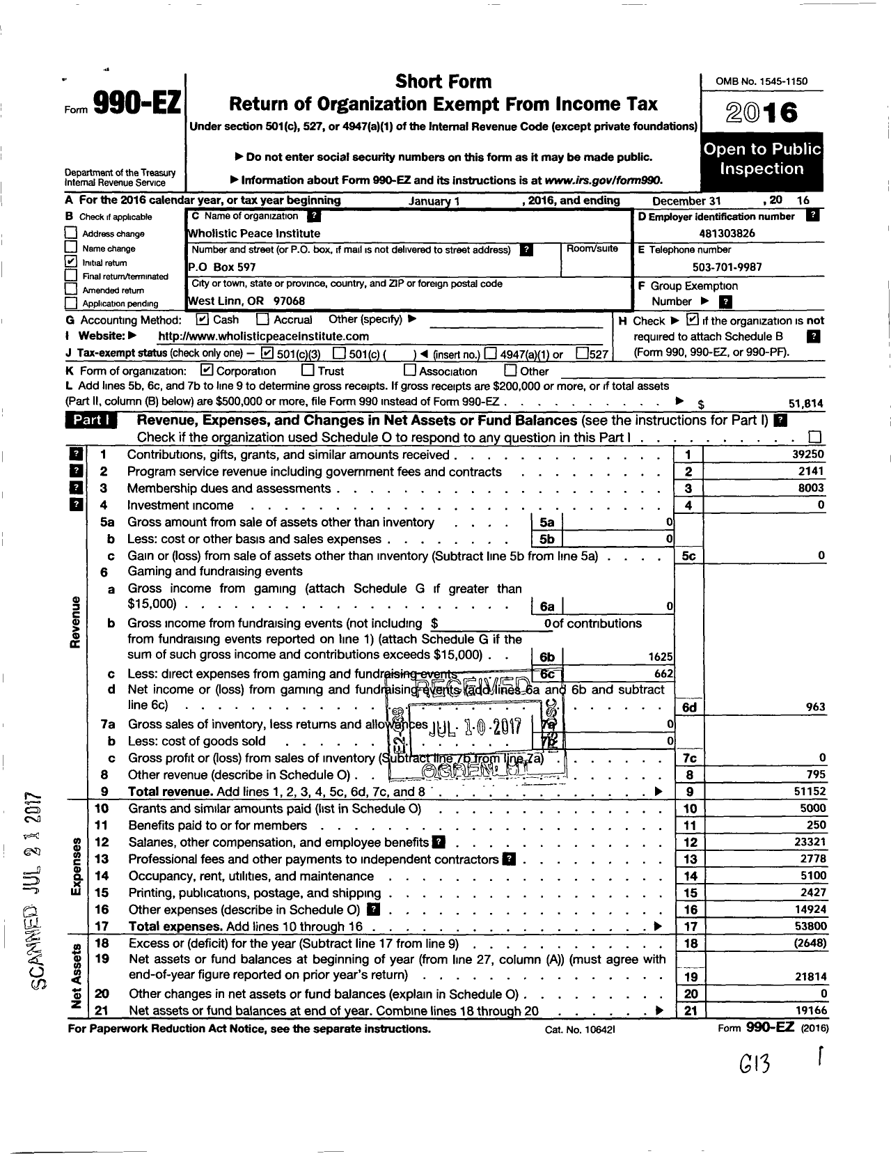 Image of first page of 2016 Form 990EZ for Wholistic Peace Institute