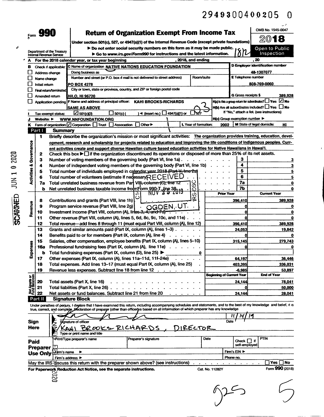 Image of first page of 2018 Form 990 for Native Nations Education Foundation