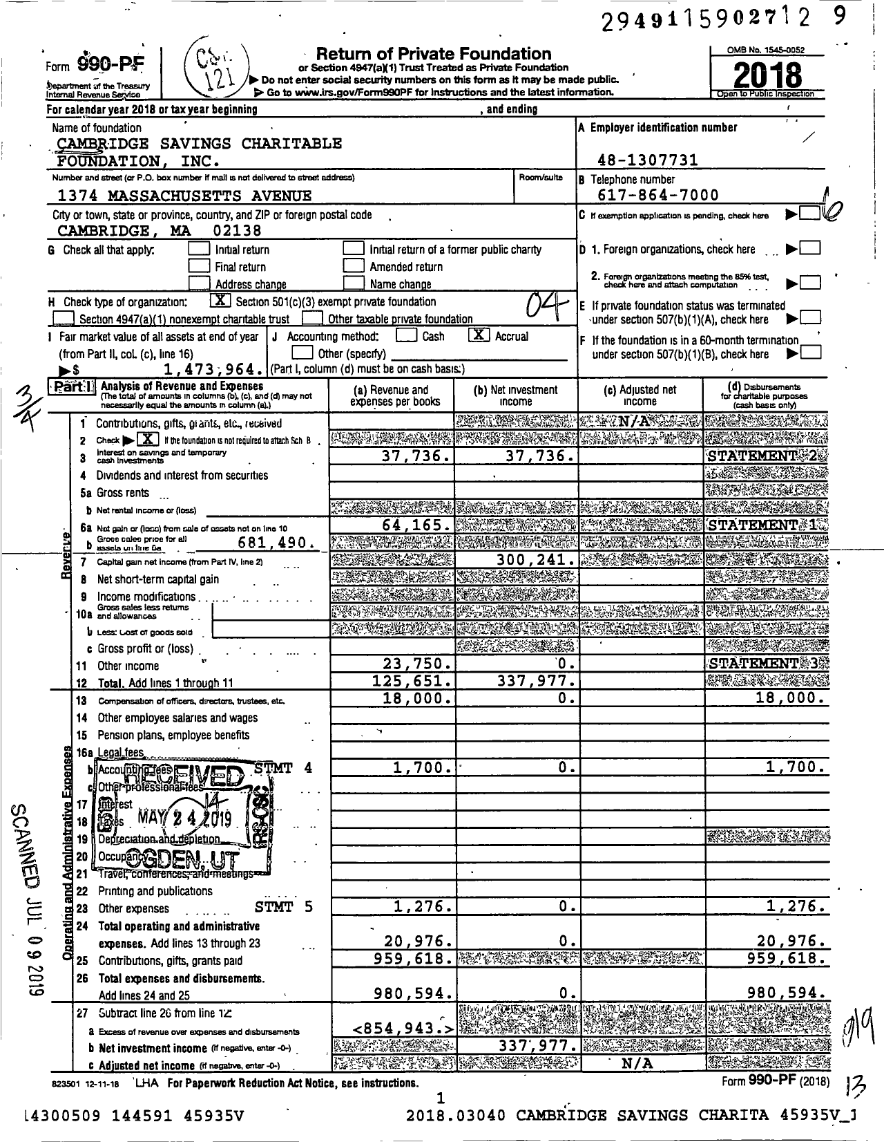Image of first page of 2018 Form 990PF for Cambridge Savings Charitable Foundation
