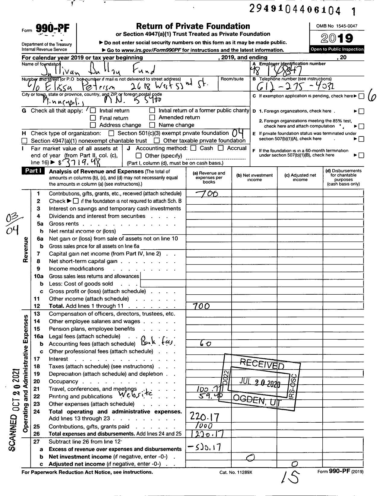 Image of first page of 2019 Form 990PF for Sullivan Ballou Fund