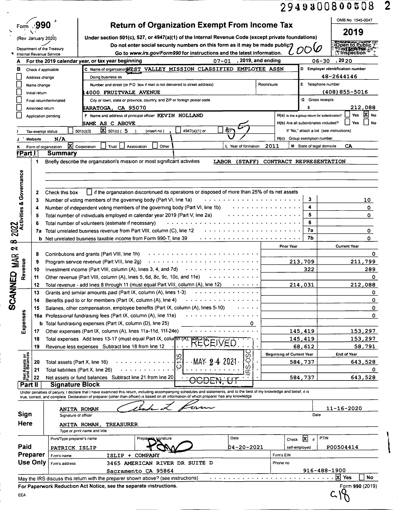 Image of first page of 2019 Form 990O for West Valley Mission Classified Employee Association