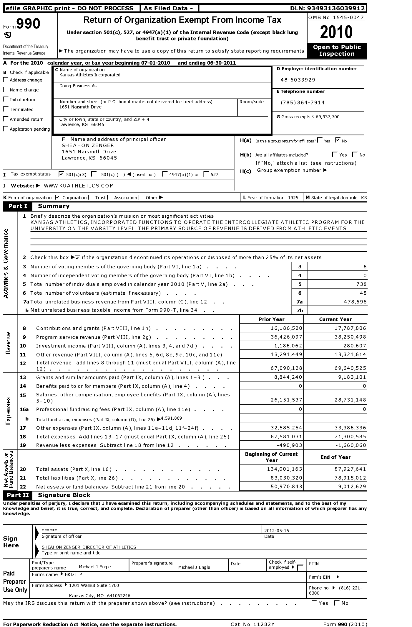 Image of first page of 2010 Form 990 for Kansas Athletics