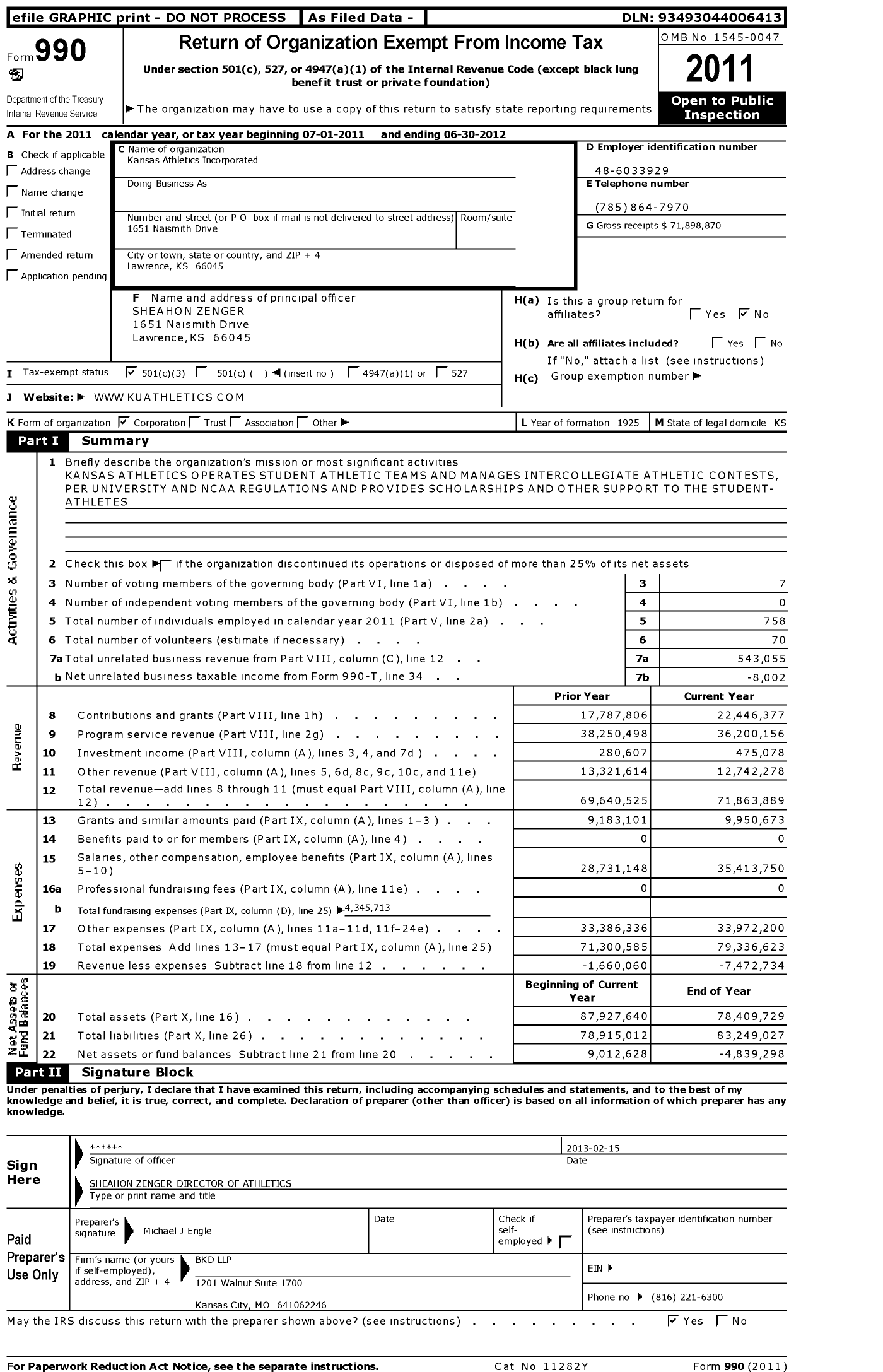 Image of first page of 2011 Form 990 for Kansas Athletics