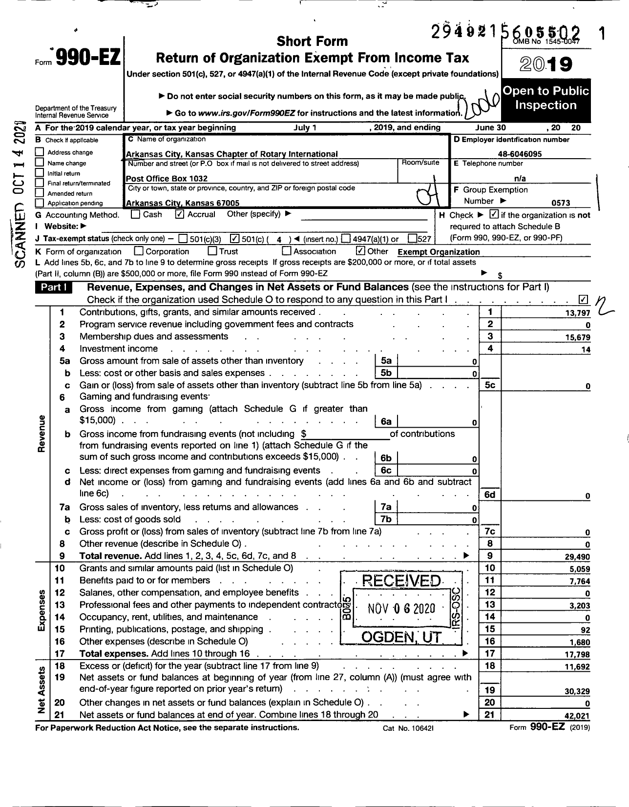 Image of first page of 2019 Form 990EO for Rotary International - Arkansas City Rotary Club