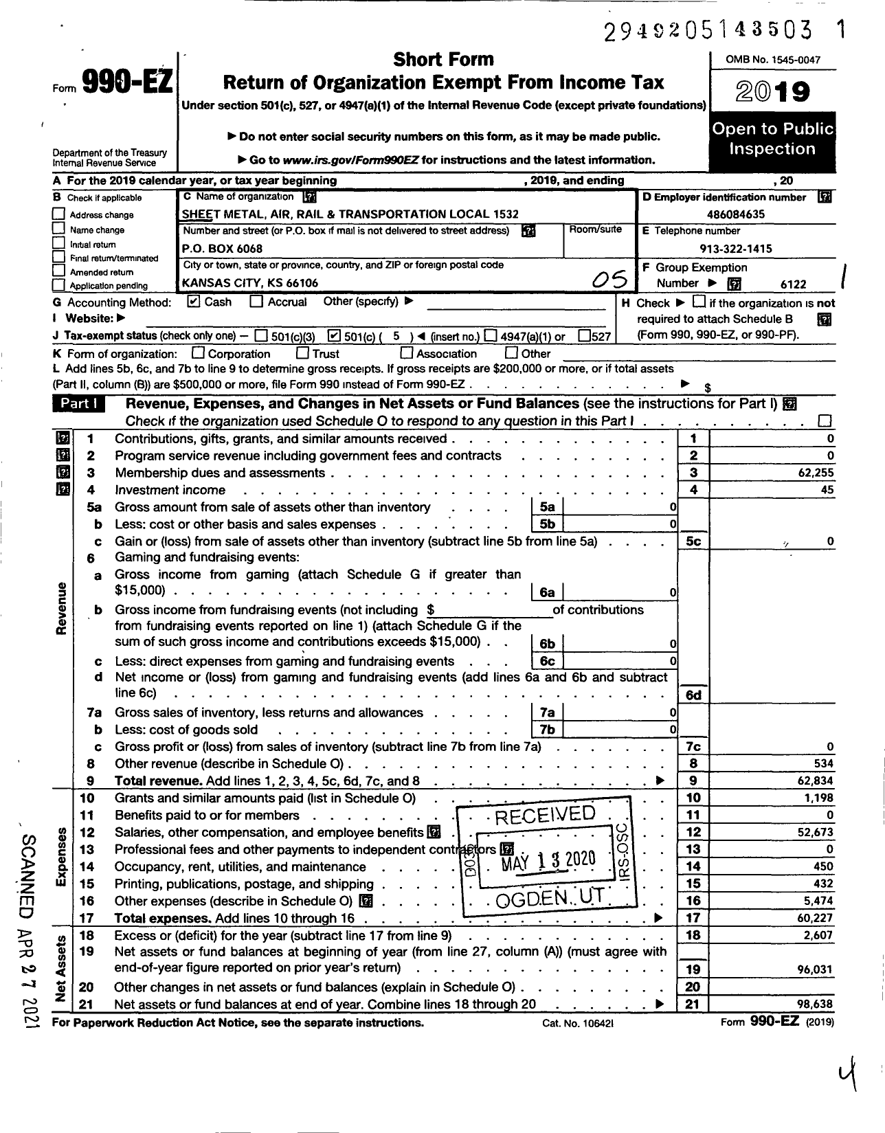 Image of first page of 2019 Form 990EO for Smart Union - 1532 TD