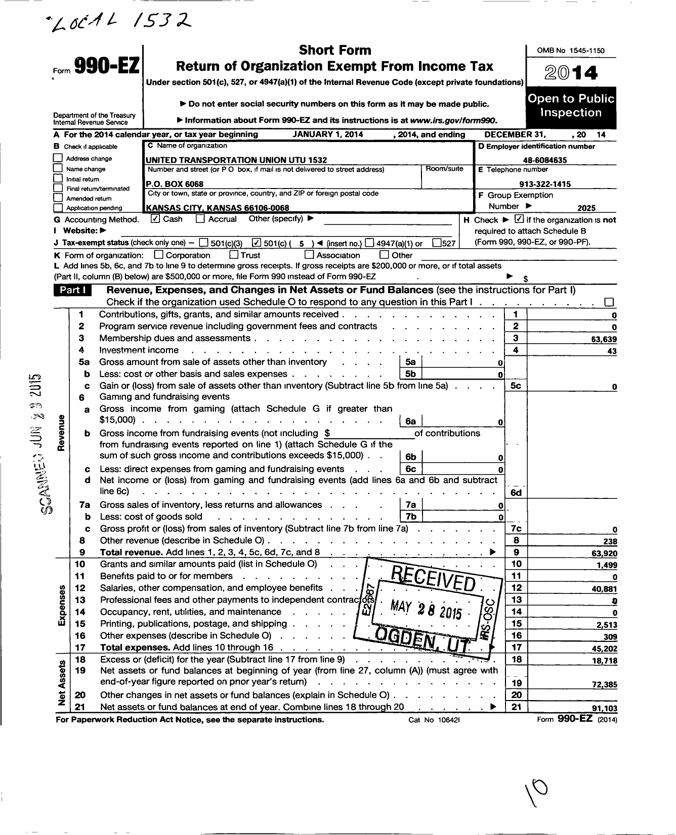 Image of first page of 2014 Form 990EO for Smart Union - 1532 TD