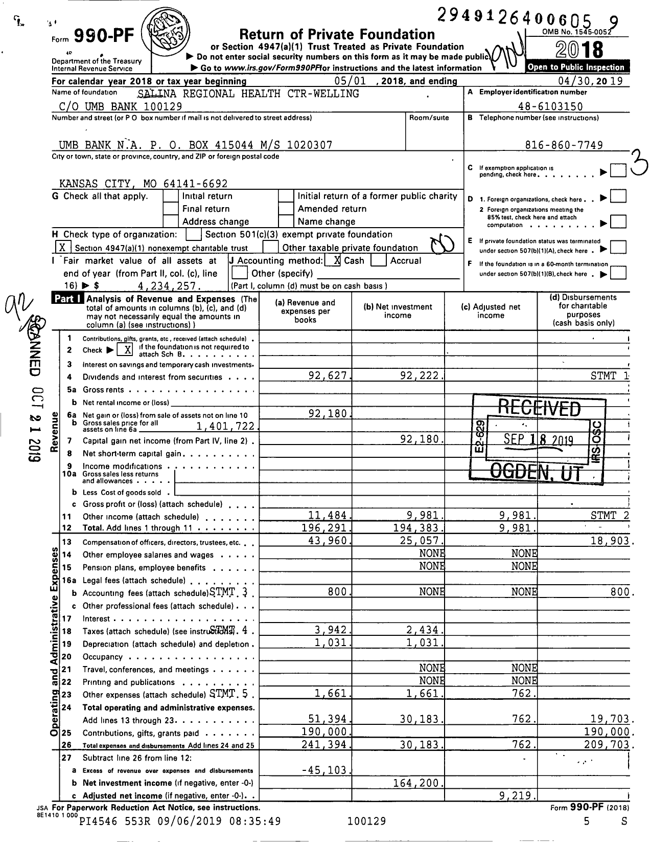 Image of first page of 2018 Form 990PF for Salina Regional Health Ctr-Welling