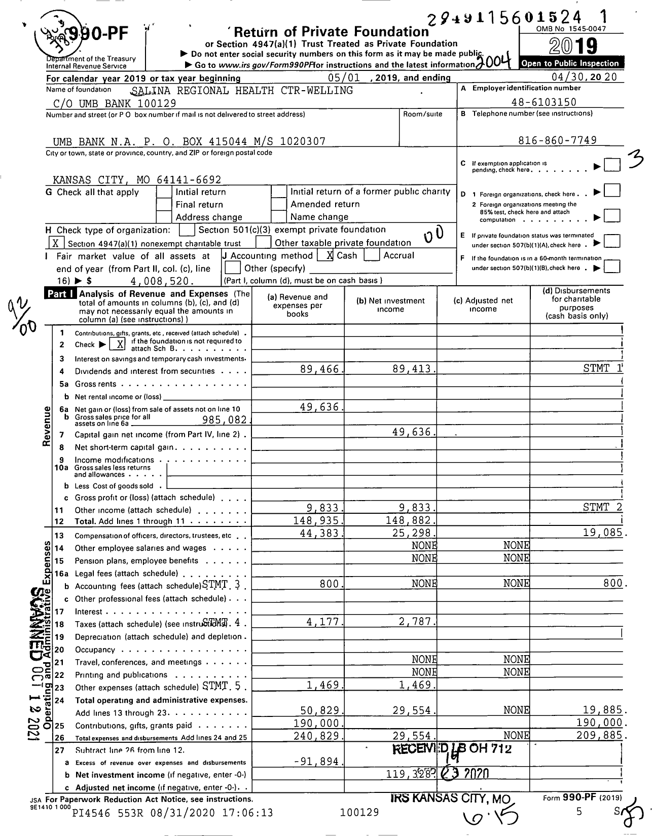 Image of first page of 2019 Form 990PF for Salina Regional Health Ctr-Welling