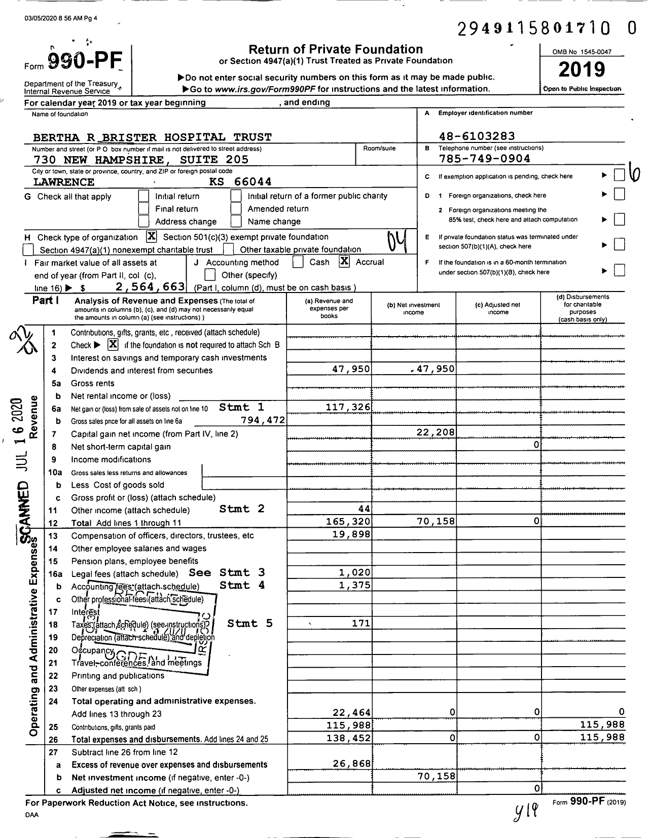 Image of first page of 2019 Form 990PR for Bertha R Brister Hospital Trust