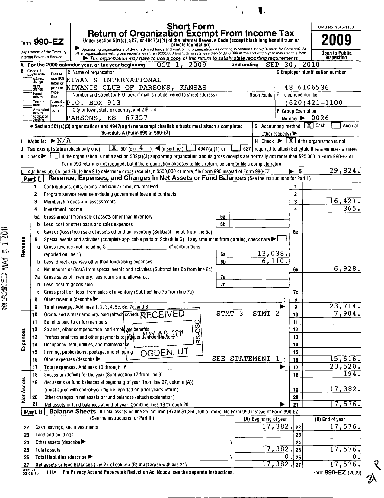 Image of first page of 2009 Form 990EO for Kiwanis International - K00370 Parsons