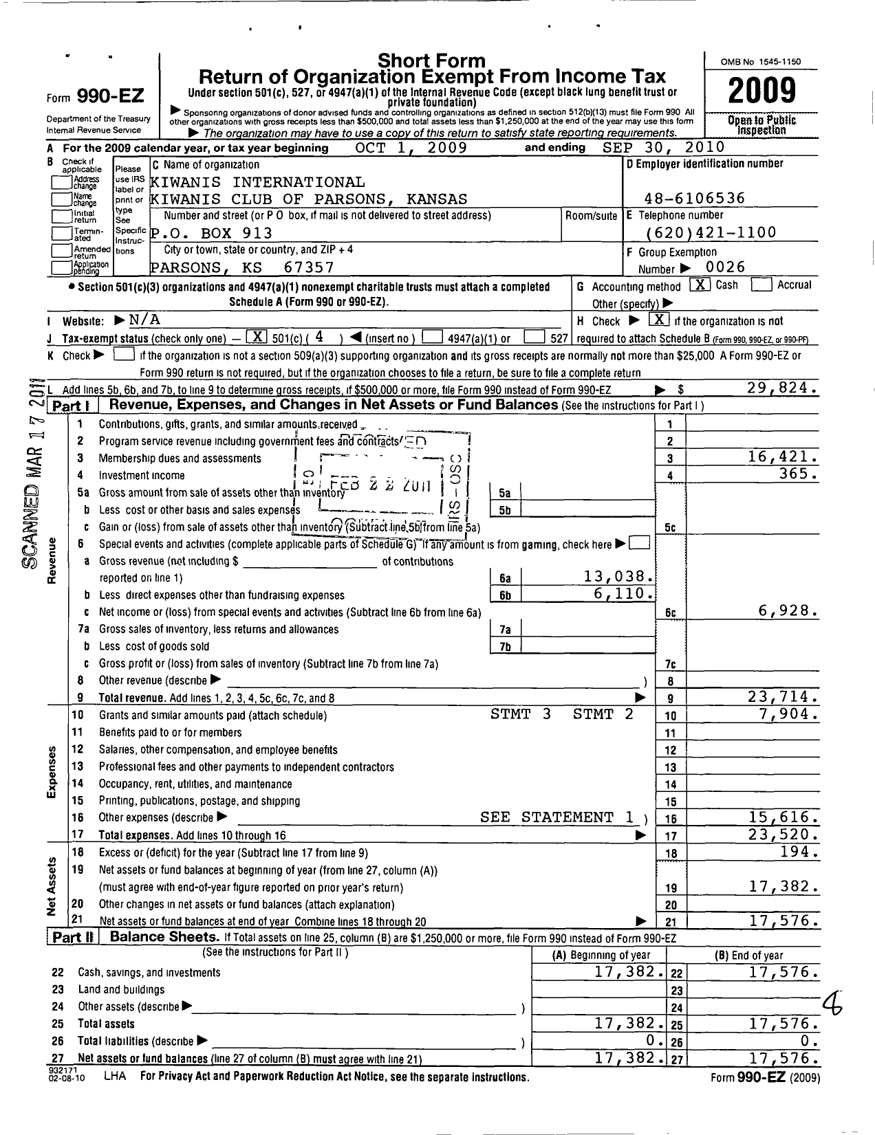 Image of first page of 2009 Form 990EO for Kiwanis International - K00370 Parsons