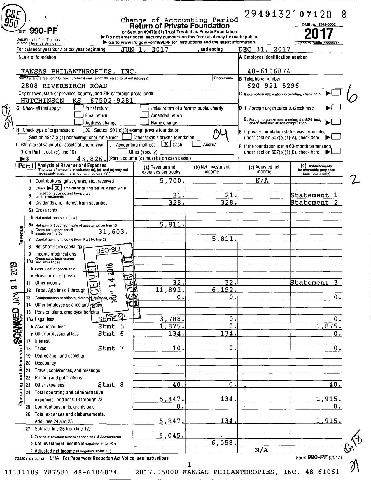 Image of first page of 2017 Form 990PF for Kansas Philanthropies