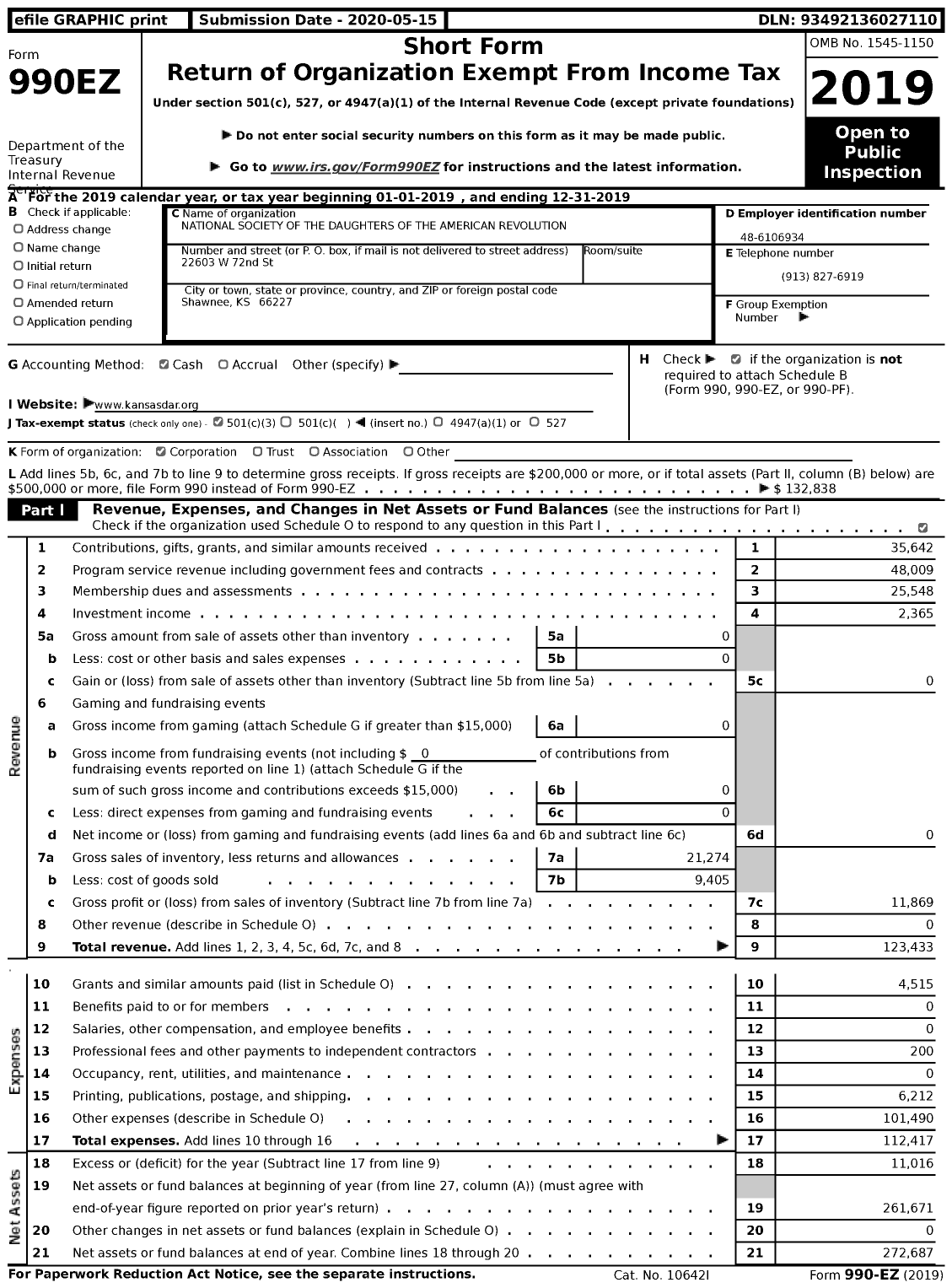 Image of first page of 2019 Form 990EZ for Daughters of the American Revolution - Kansas Society Dar