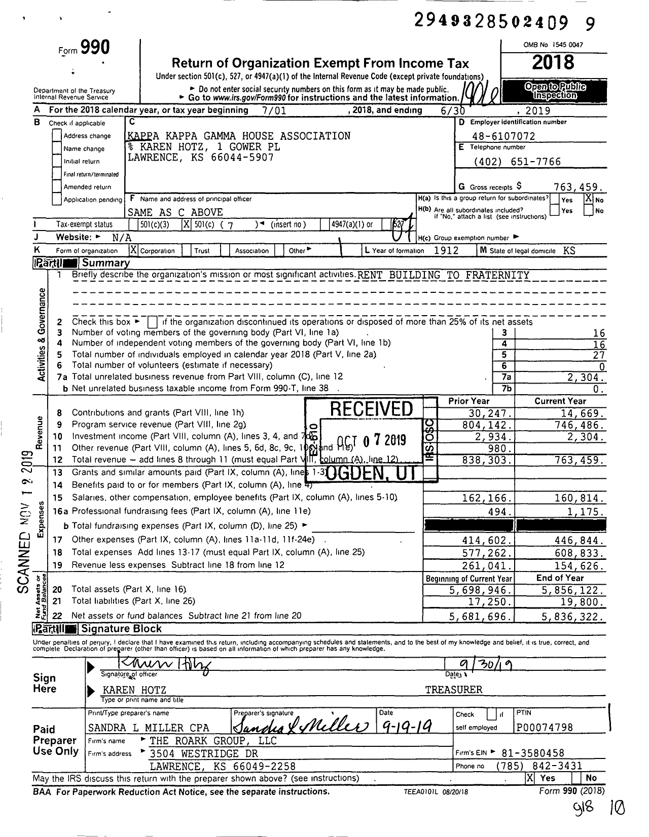 Image of first page of 2018 Form 990O for Kappa Kappa Gamma House Association / Omega Chapter House