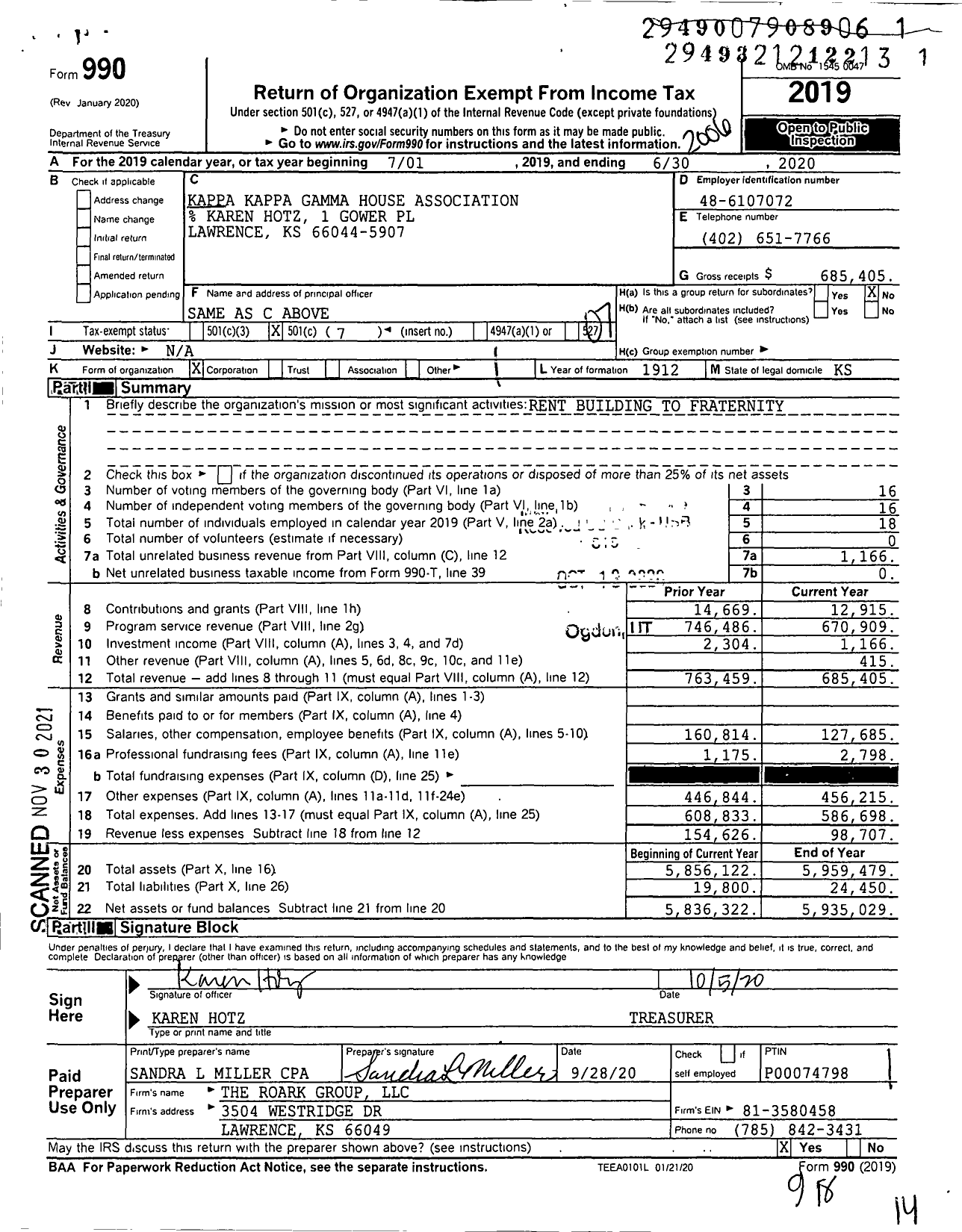 Image of first page of 2019 Form 990O for Kappa Kappa Gamma House Association / Omega Chapter House