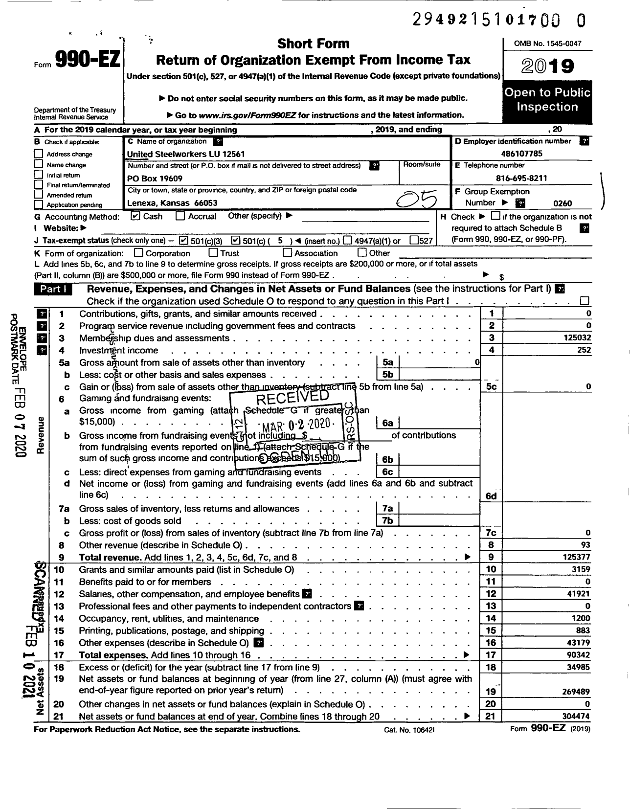 Image of first page of 2019 Form 990EO for United Steelworkers Lu 12561
