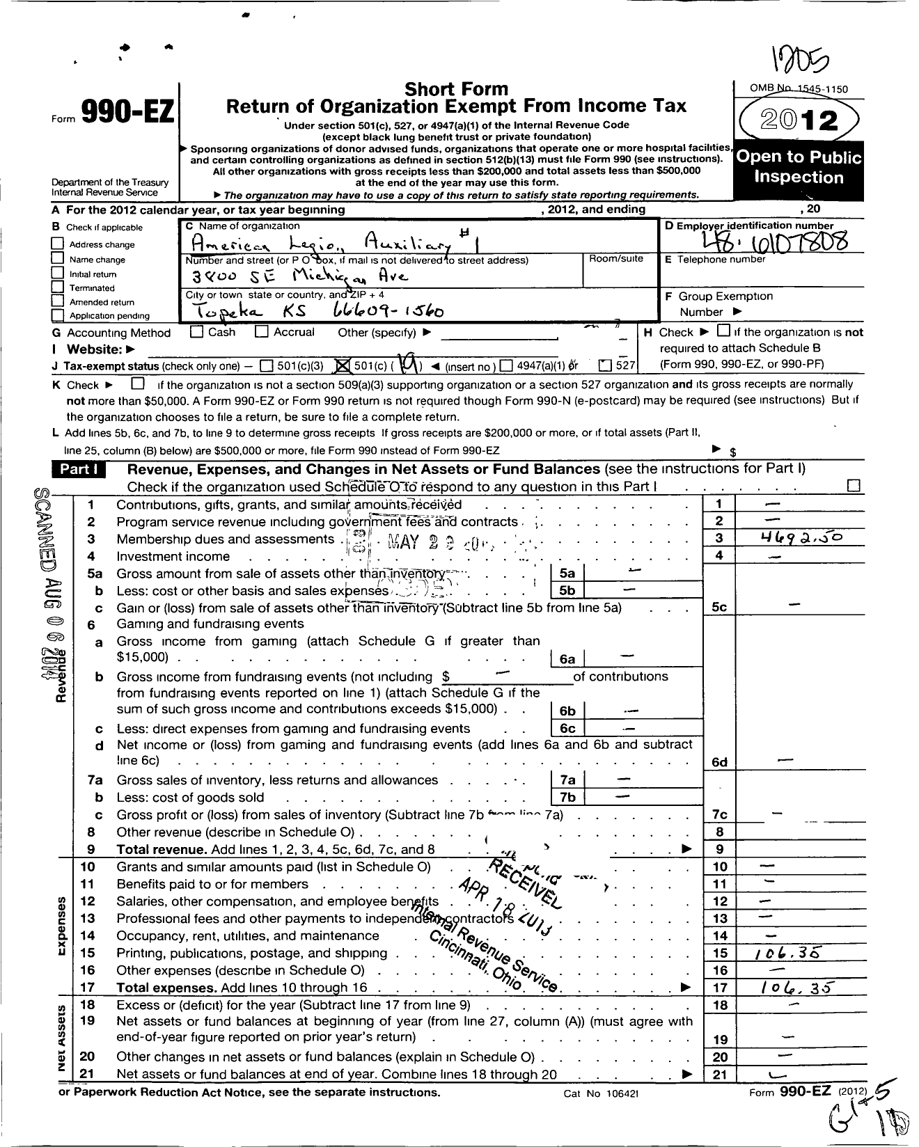 Image of first page of 2011 Form 990EO for American Legion Auxiliary Capitol Unit No 1 Department of Kansas