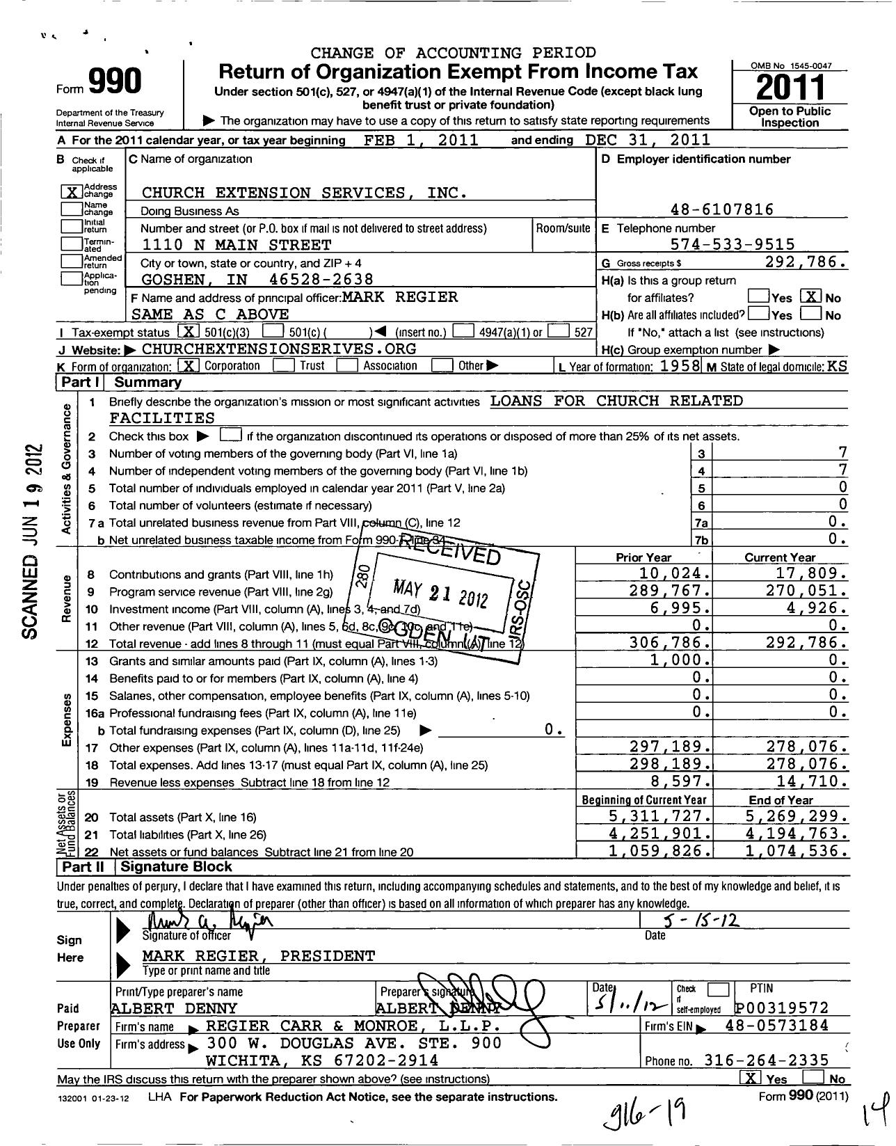 Image of first page of 2011 Form 990 for Church Extension Services