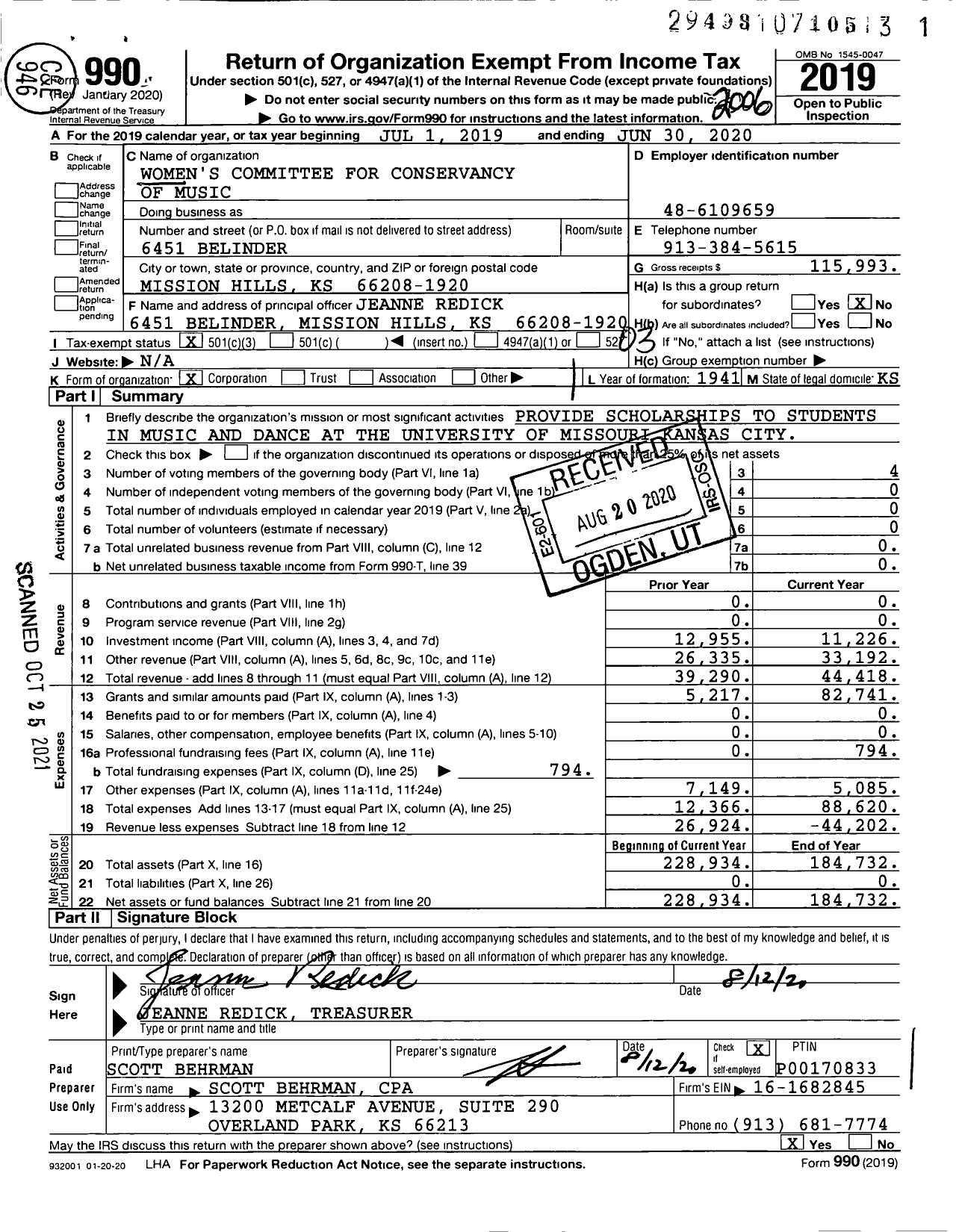 Image of first page of 2019 Form 990 for Women's Committee for Conservancy of Music