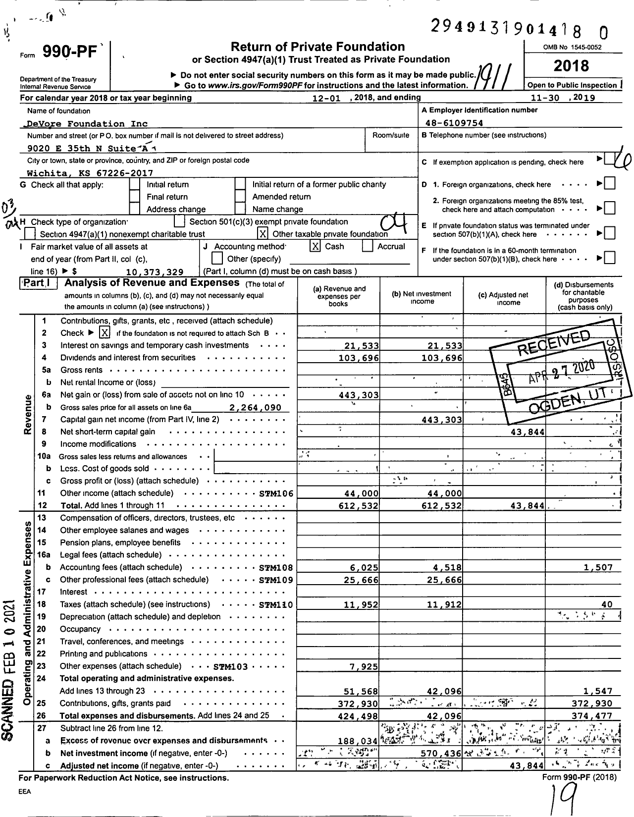 Image of first page of 2018 Form 990PF for DeVore Foundation