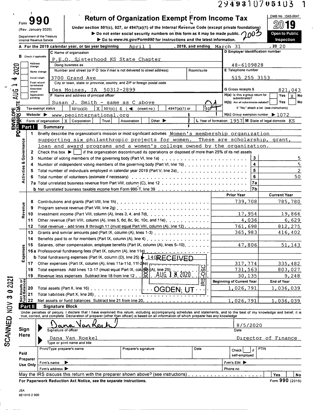 Image of first page of 2019 Form 990O for PEO Sisterhood International - KS State Chapter