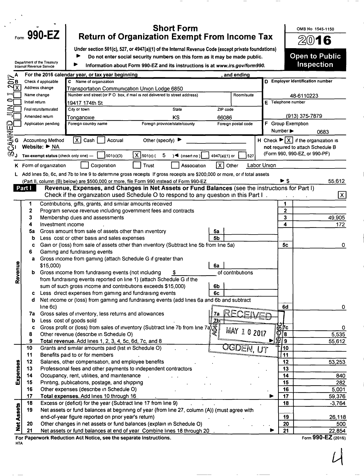 Image of first page of 2016 Form 990EO for Transportation-Communications Union / T6850 Lodge