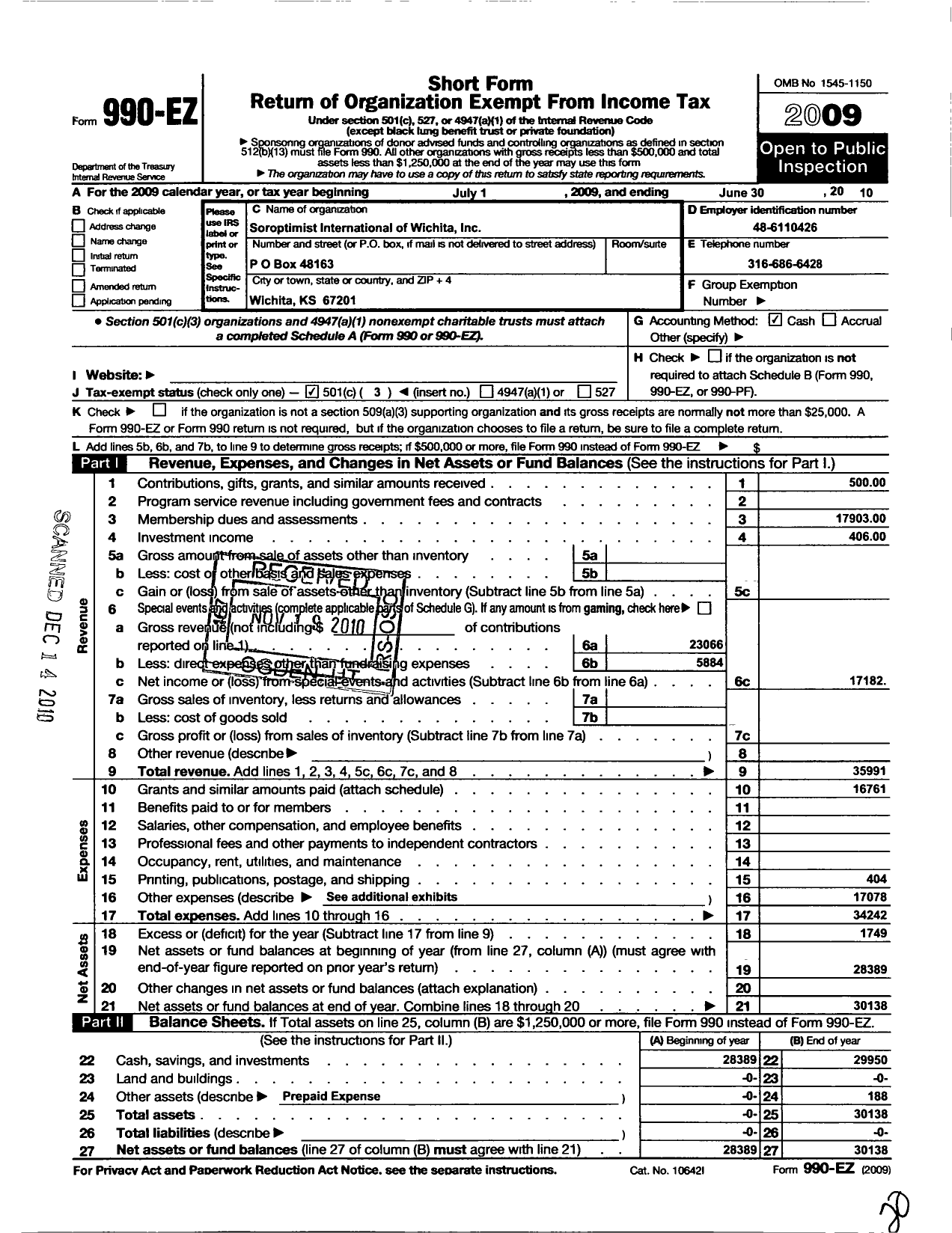 Image of first page of 2009 Form 990EZ for Soroptimist International of the Americas - 106219 Wichita KS