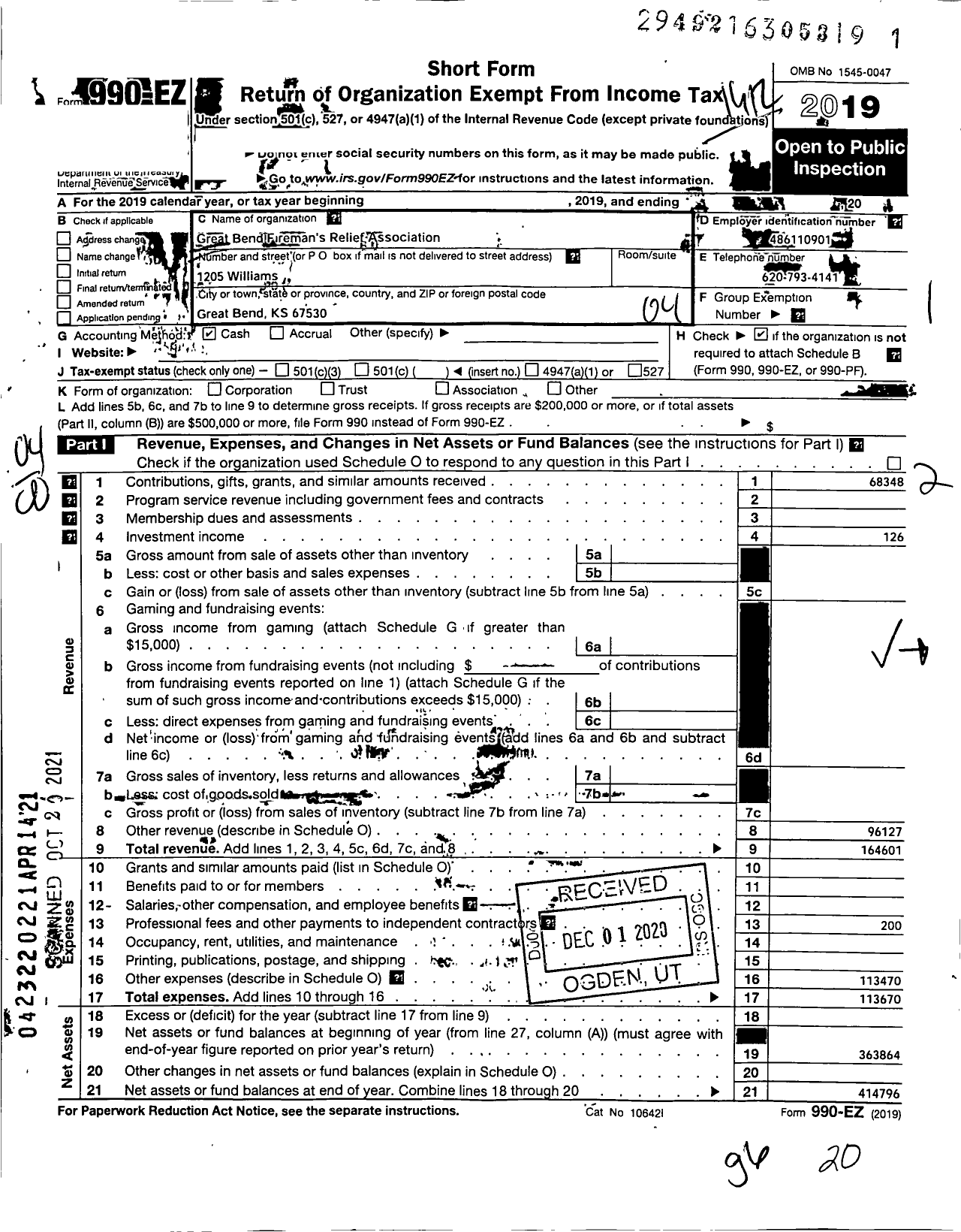 Image of first page of 2019 Form 990EO for Great Bend Firemans Relief Association