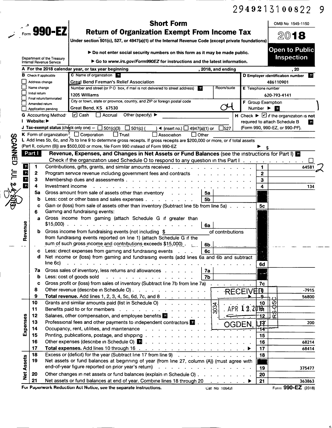 Image of first page of 2018 Form 990EO for Great Bend Firemans Relief Association