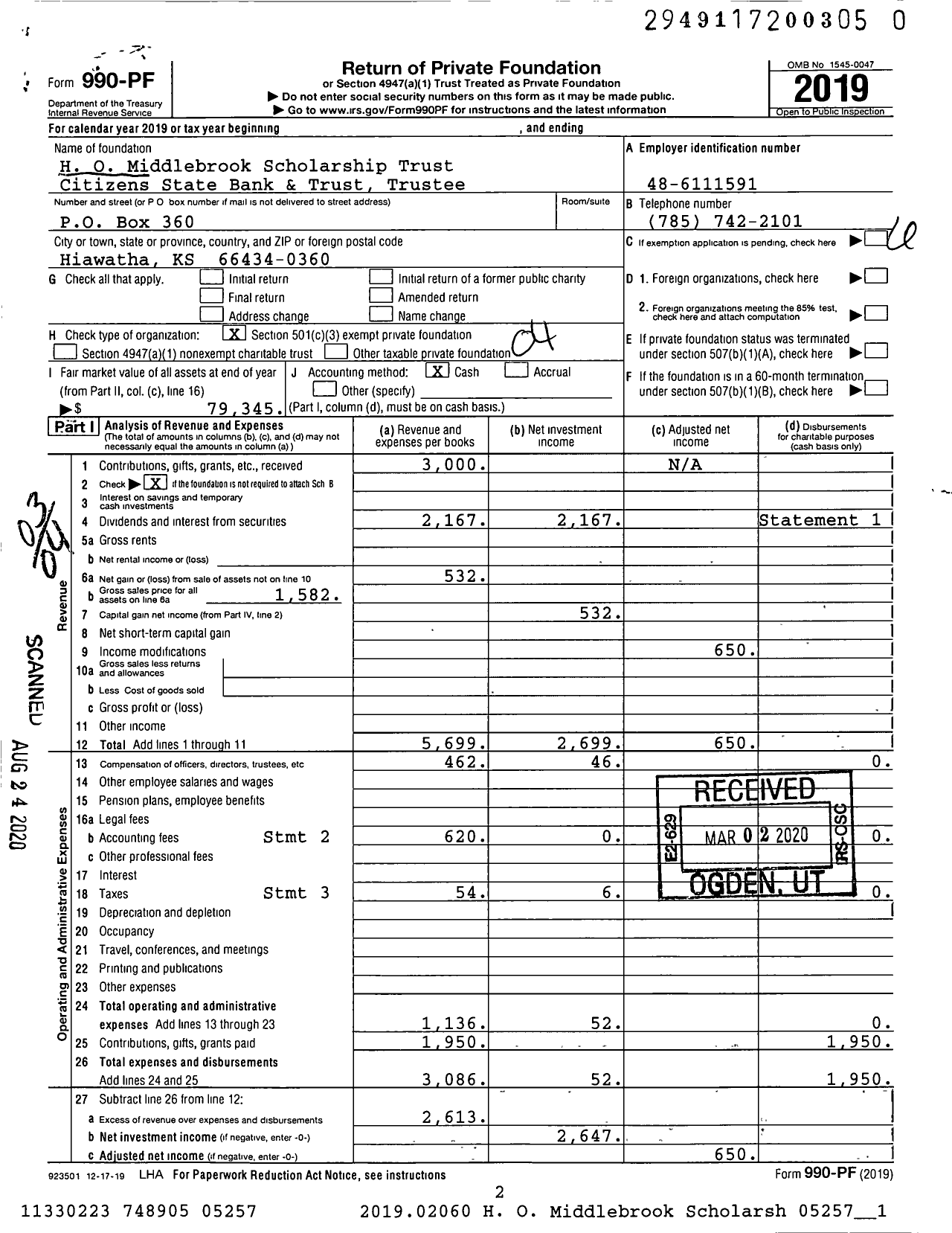 Image of first page of 2019 Form 990PR for H O Middlebrook Scholarship Trust Citizens State Bank & Trustee