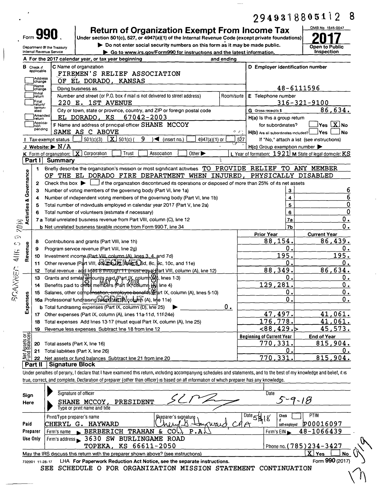 Image of first page of 2017 Form 990O for Firemens Relief Association of El Dorado Kansas
