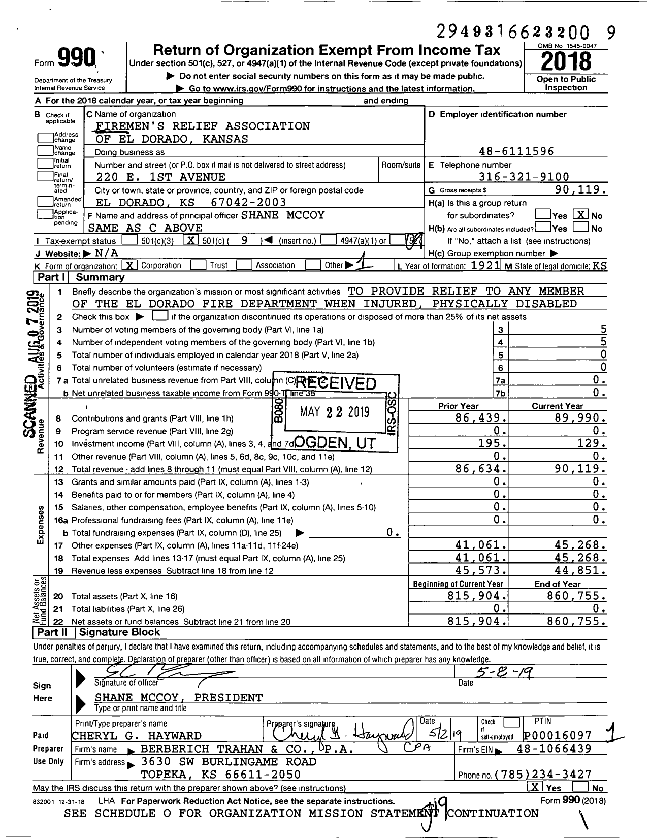 Image of first page of 2018 Form 990O for Firemens Relief Association of El Dorado Kansas