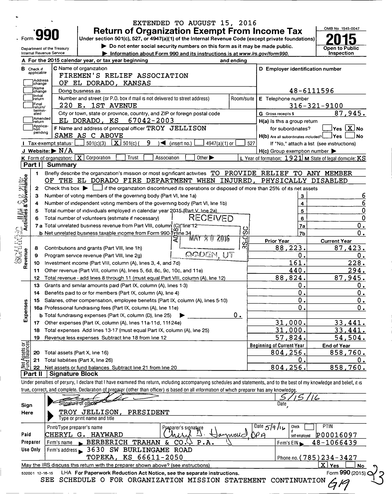 Image of first page of 2015 Form 990O for Firemens Relief Association of El Dorado Kansas