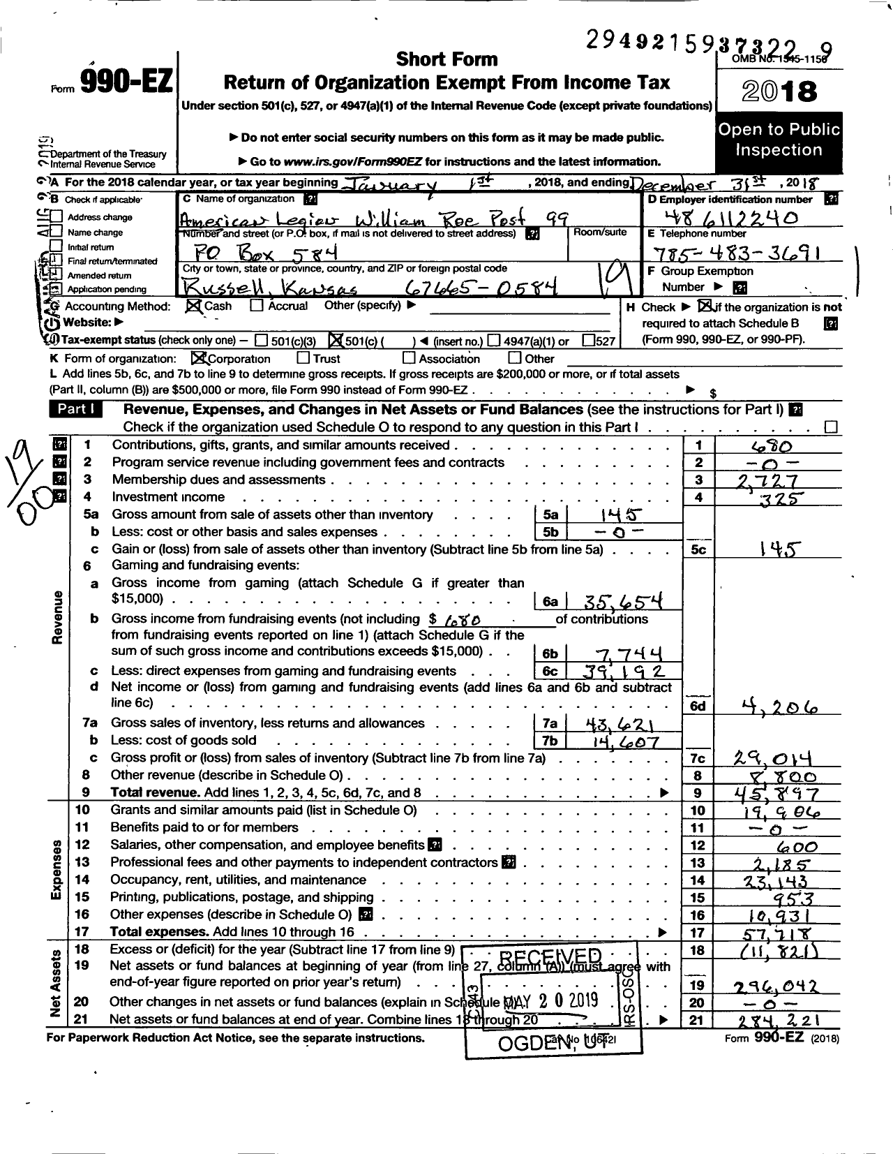 Image of first page of 2018 Form 990EO for American Legion - Post 99 William Roe