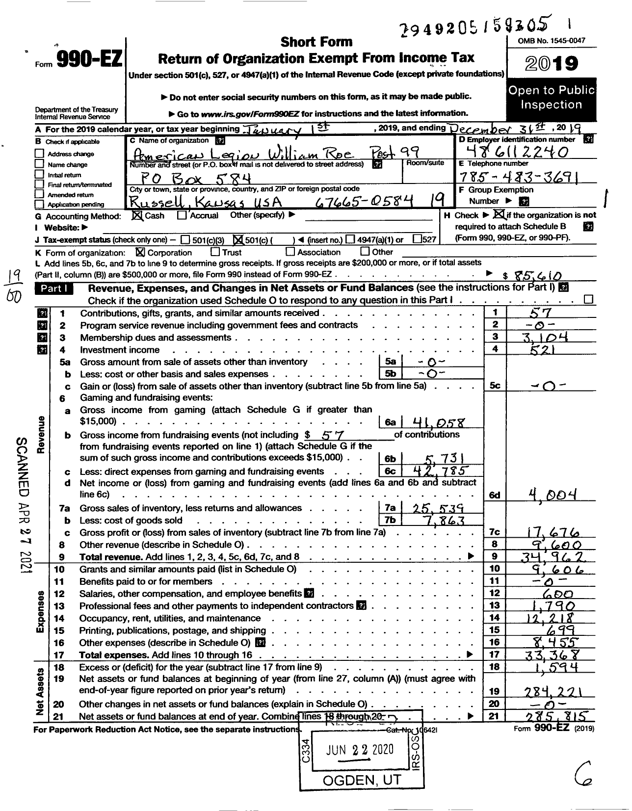 Image of first page of 2019 Form 990EO for American Legion - Post 99 William Roe