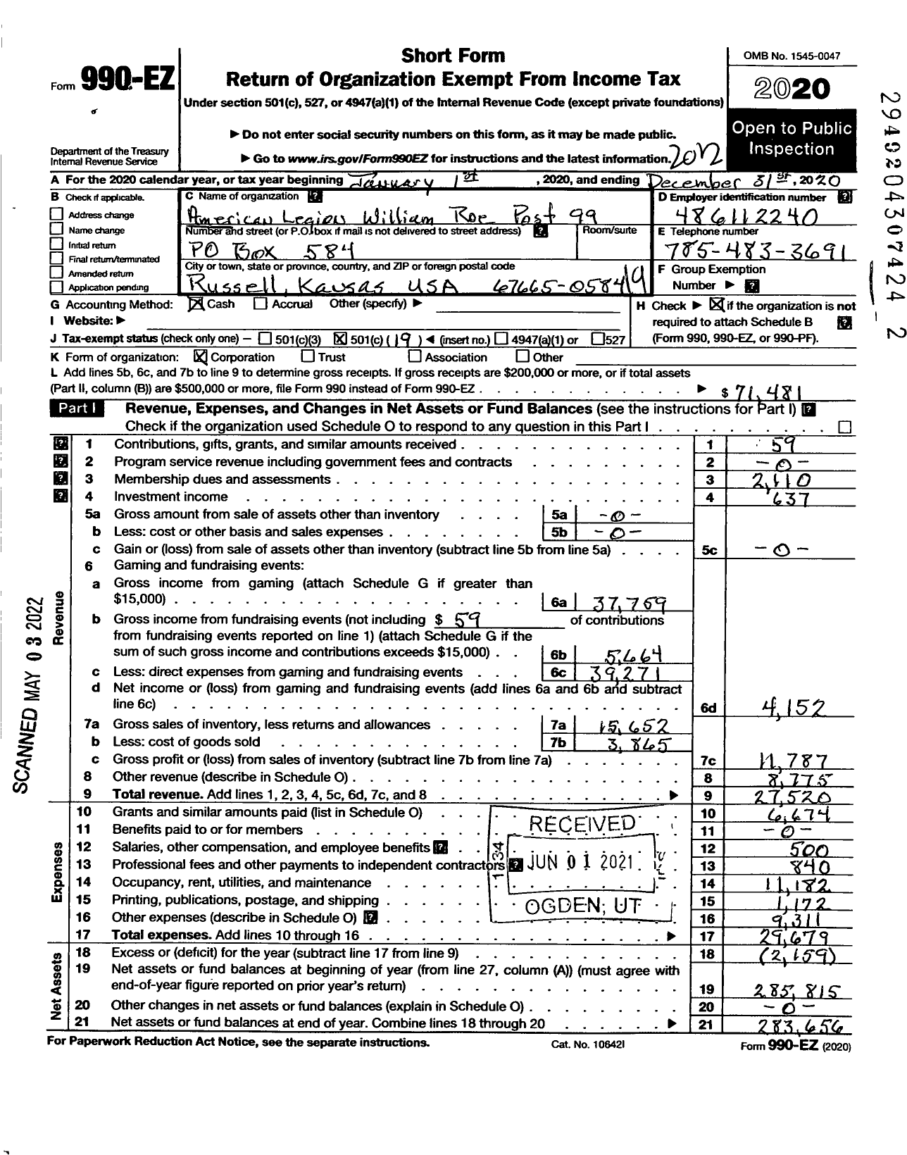 Image of first page of 2020 Form 990EO for American Legion - Post 99 William Roe