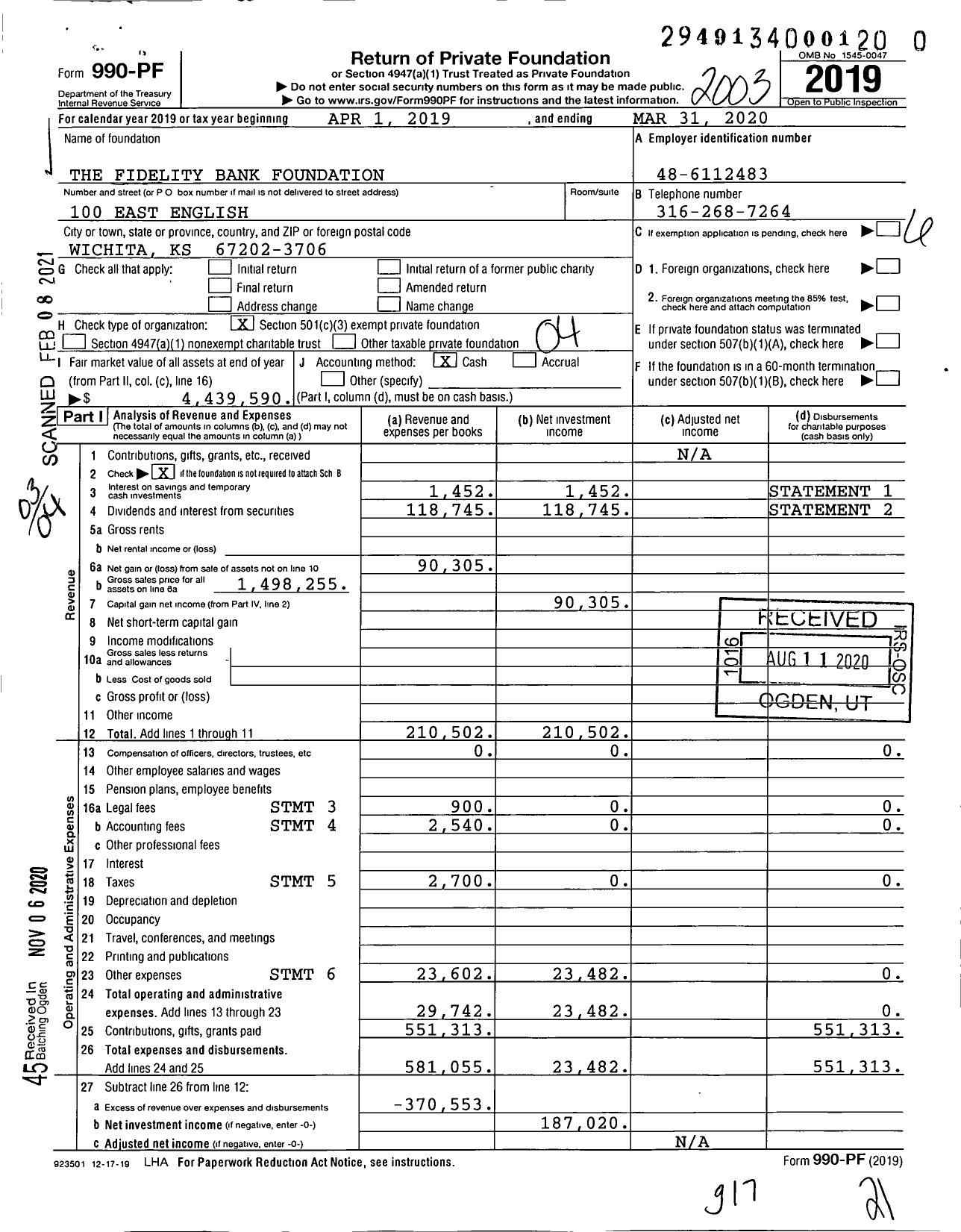 Image of first page of 2019 Form 990PF for The Fidelity Bank Foundation