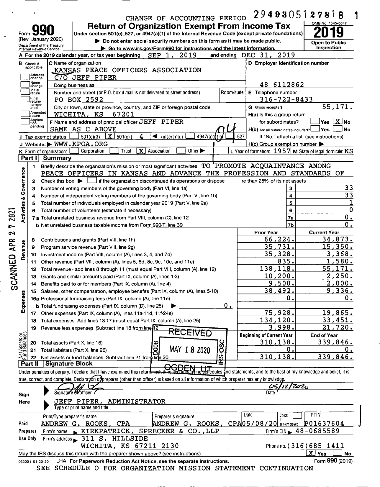 Image of first page of 2019 Form 990O for Kansas Peace Officers Association