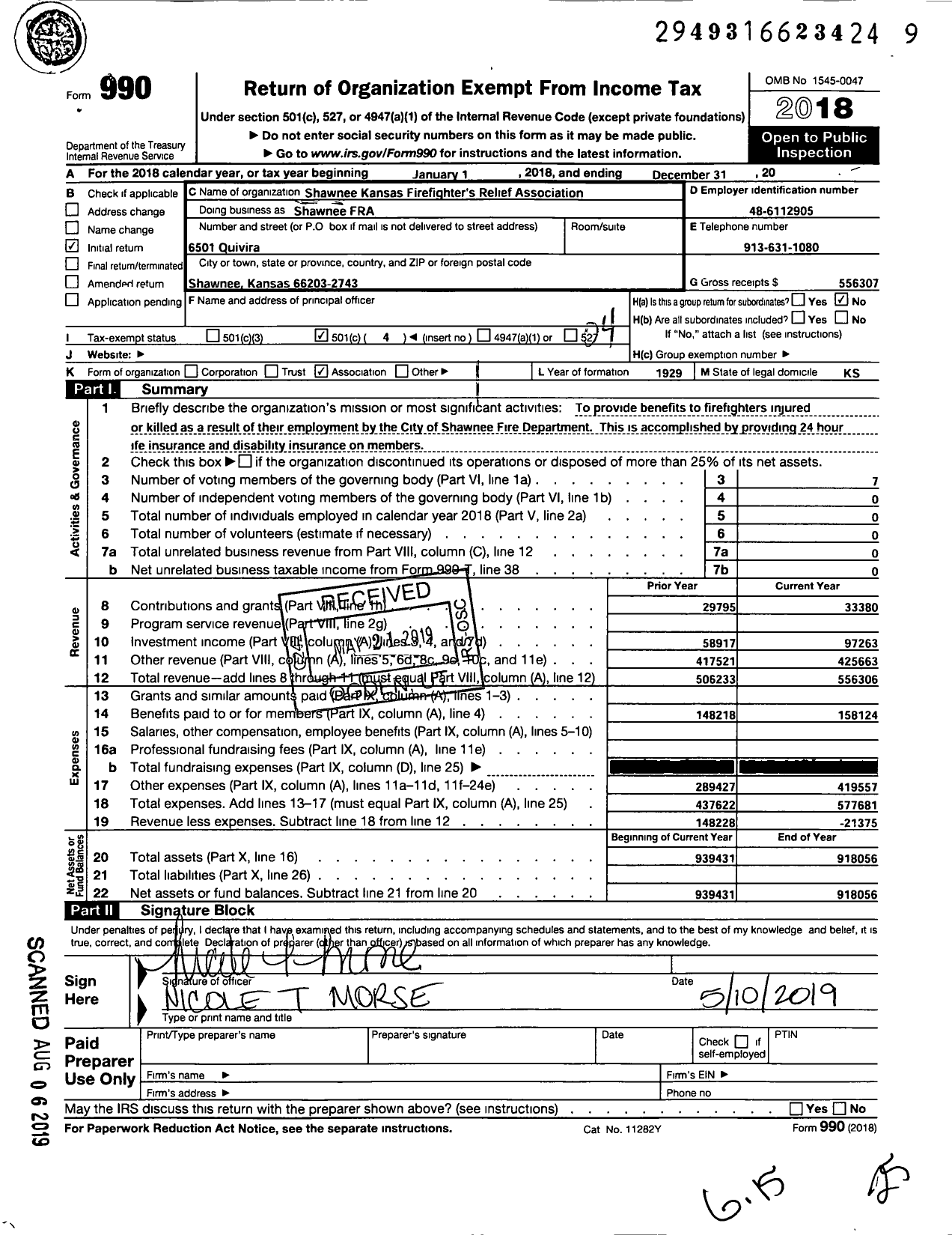 Image of first page of 2018 Form 990O for Shawnee KS Firefighters Relief Association